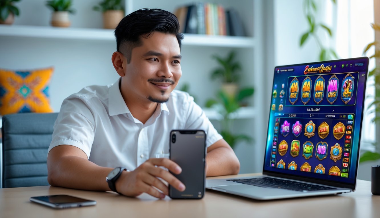 Seorang pria Indonesia duduk di meja dengan laptop dan ponsel yang menampilkan permainan slot online berwarna-warni di ruangan rumah yang terang dan nyaman.