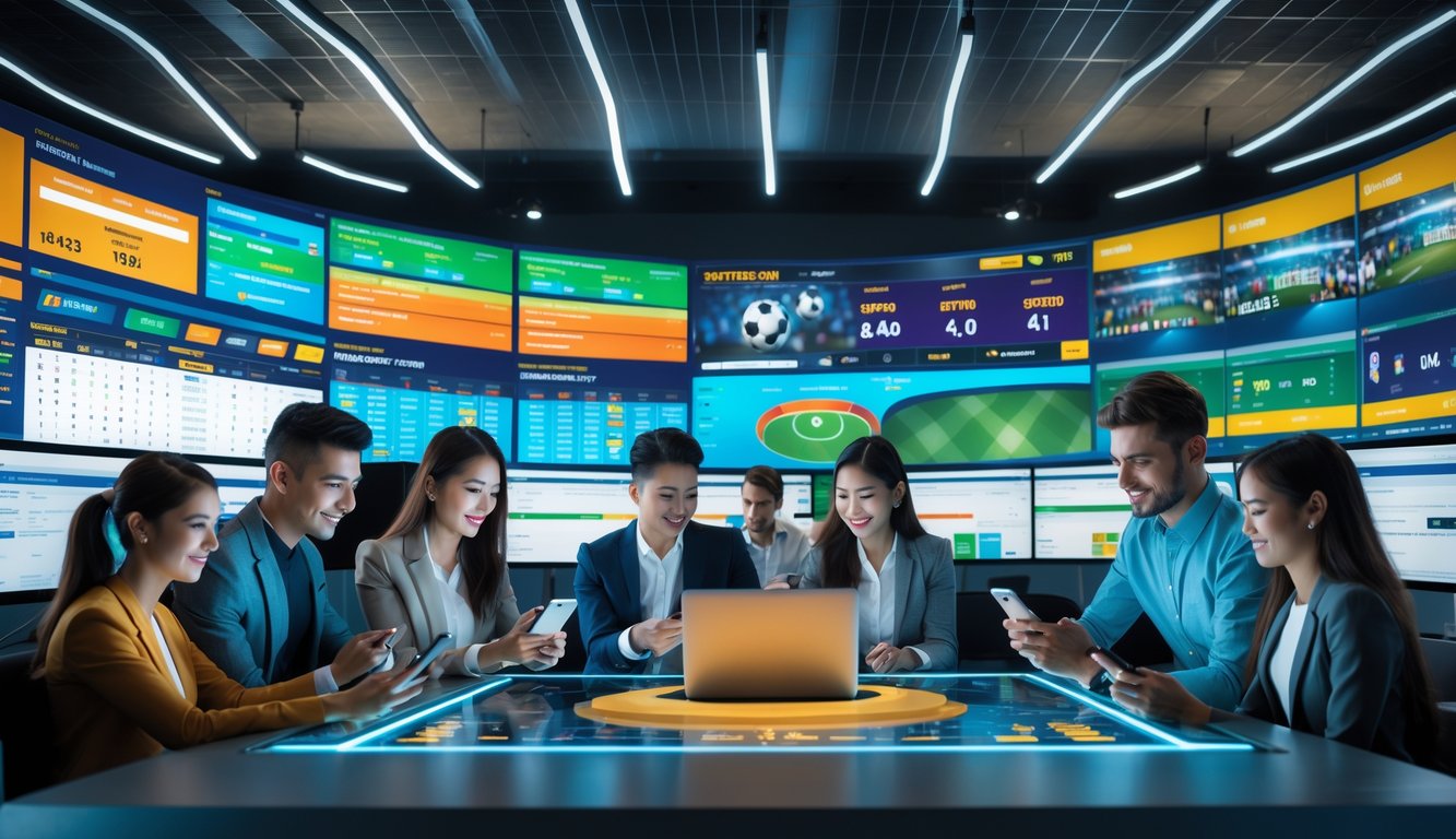 Beberapa orang muda menggunakan perangkat digital di ruang kerja modern dengan layar besar menampilkan berbagai acara olahraga dan grafik taruhan.