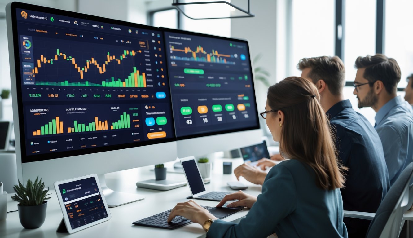 Orang-orang yang fokus menggunakan perangkat digital untuk memasang taruhan olahraga secara online di ruang kerja modern.