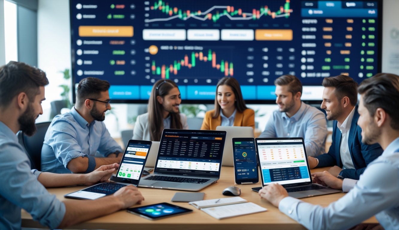 Beberapa orang sedang berdiskusi dan menggunakan perangkat digital untuk memilih situs sportsbook terbaik di sebuah ruang kerja modern.