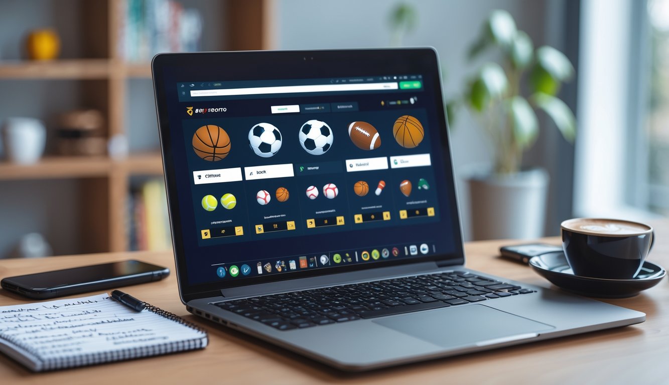 Meja kerja dengan laptop yang menampilkan situs taruhan olahraga, smartphone dengan peluang taruhan, buku catatan, dan cangkir kopi di ruangan yang terang dan rapi.