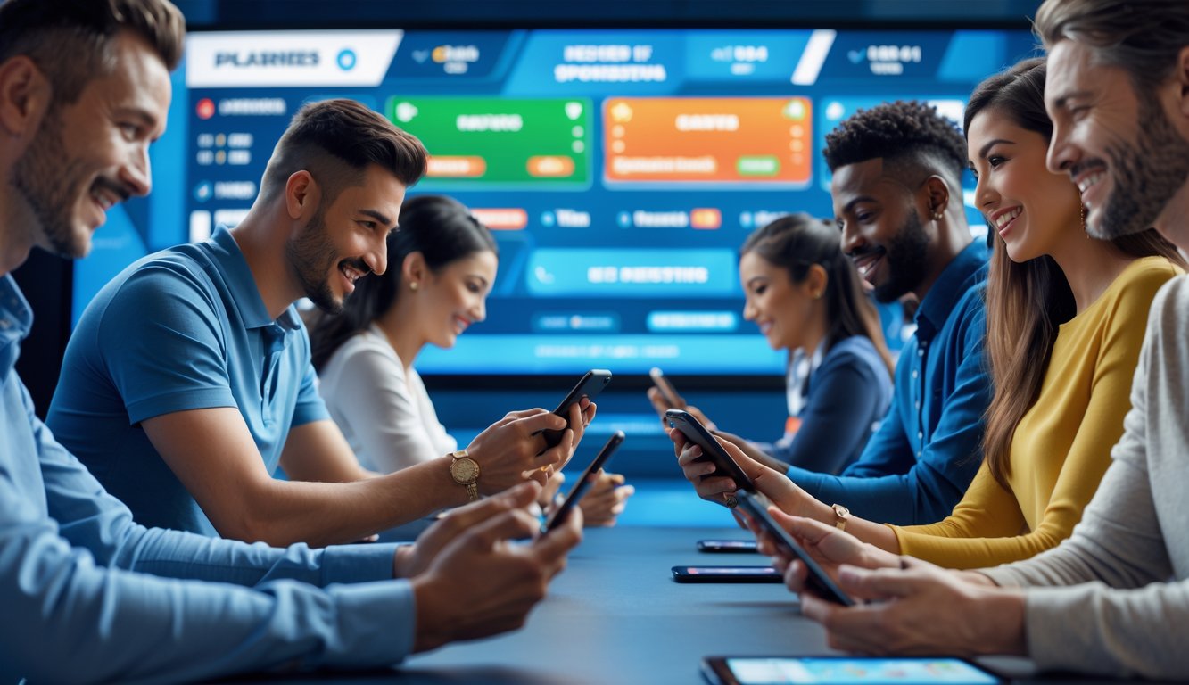 Beberapa orang sedang menggunakan perangkat digital untuk memasang taruhan olahraga di sebuah tempat dengan layar besar menampilkan pertandingan olahraga dan peluang taruhan.