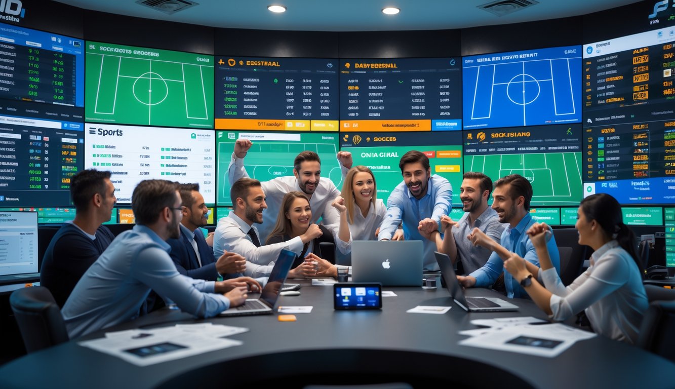 Sekelompok orang sedang melihat layar besar yang menampilkan skor pertandingan sepak bola, basket, dan e-sports di sebuah ruang taruhan olahraga modern.