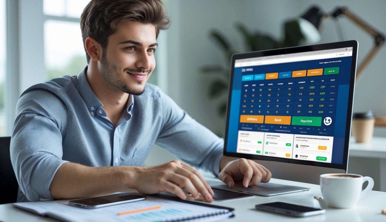 Seorang pria muda duduk di meja dengan laptop terbuka menampilkan situs sportsbook, di sekitarnya terdapat ponsel, kopi, dan buku catatan.
