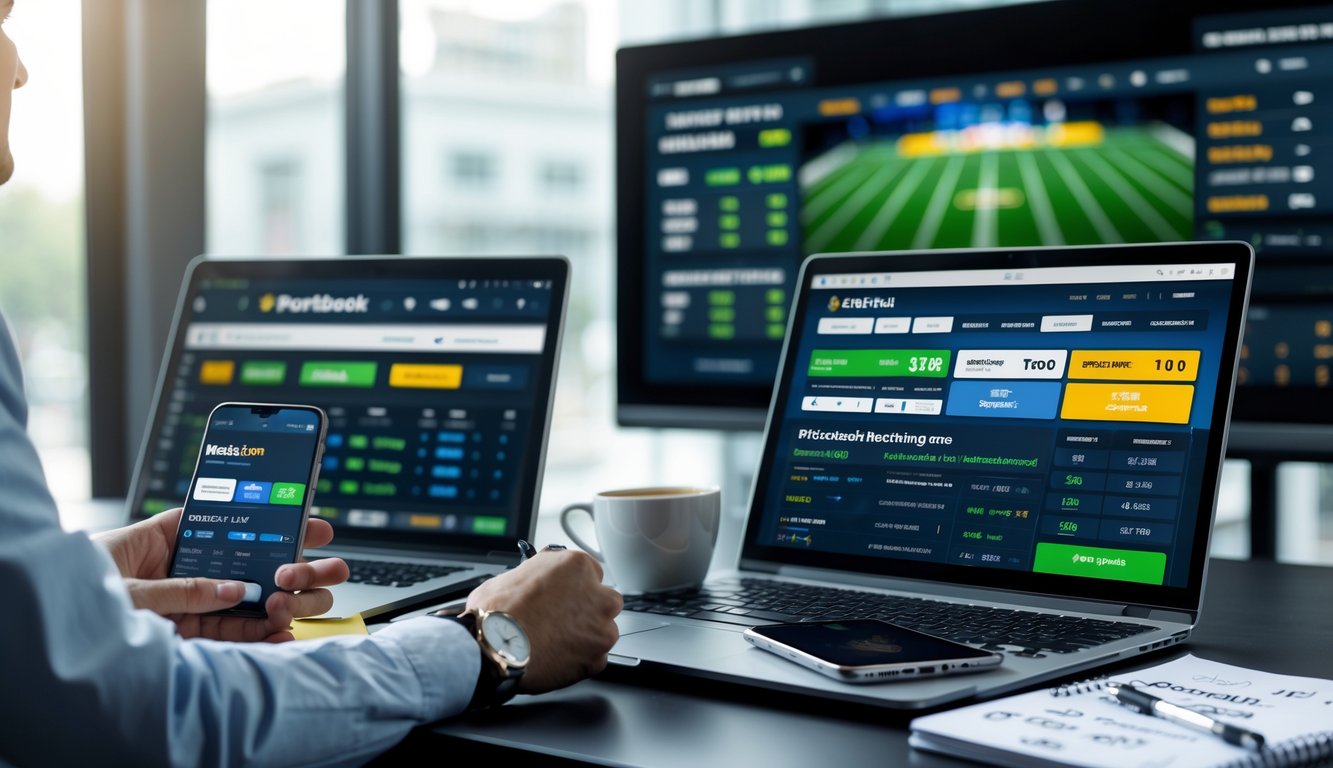 Seseorang sedang menggunakan beberapa perangkat digital untuk melihat situs sportsbook dan data taruhan olahraga dalam ruang kerja yang terang.