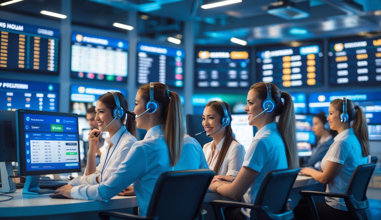 Beberapa petugas layanan pelanggan yang ramah di sportsbook modern dengan layar digital menampilkan pilihan taruhan olahraga dan skor langsung.