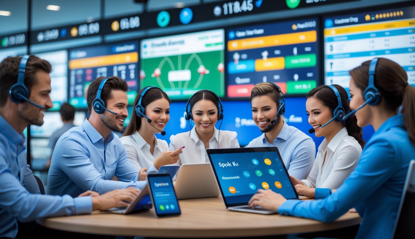 Beberapa perwakilan layanan pelanggan sedang membantu pelanggan dengan perangkat digital di ruangan sportsbook yang menampilkan layar olahraga dan ikon metode pembayaran.