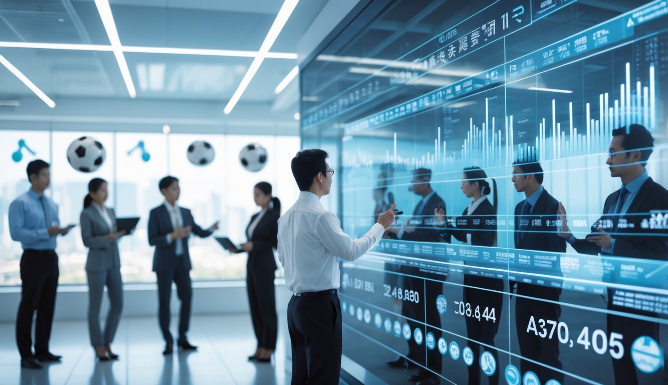Sekelompok profesional Asia sedang menganalisis data taruhan olahraga di kantor modern dengan layar digital dan ikon olahraga di latar belakang.