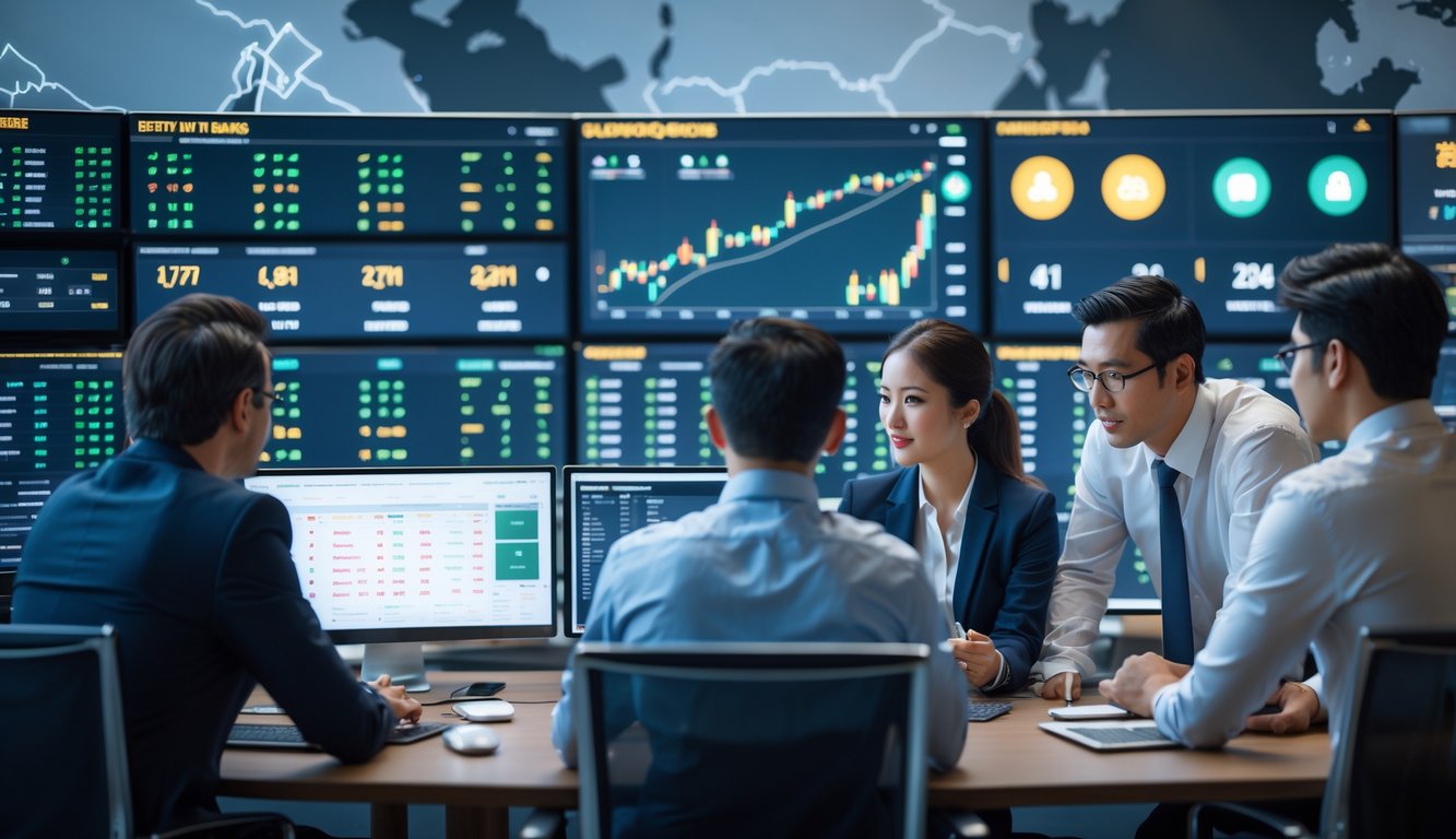 Sejumlah profesional sedang berdiskusi di ruang kerja modern dengan layar besar menampilkan data taruhan olahraga dan simbol keamanan.