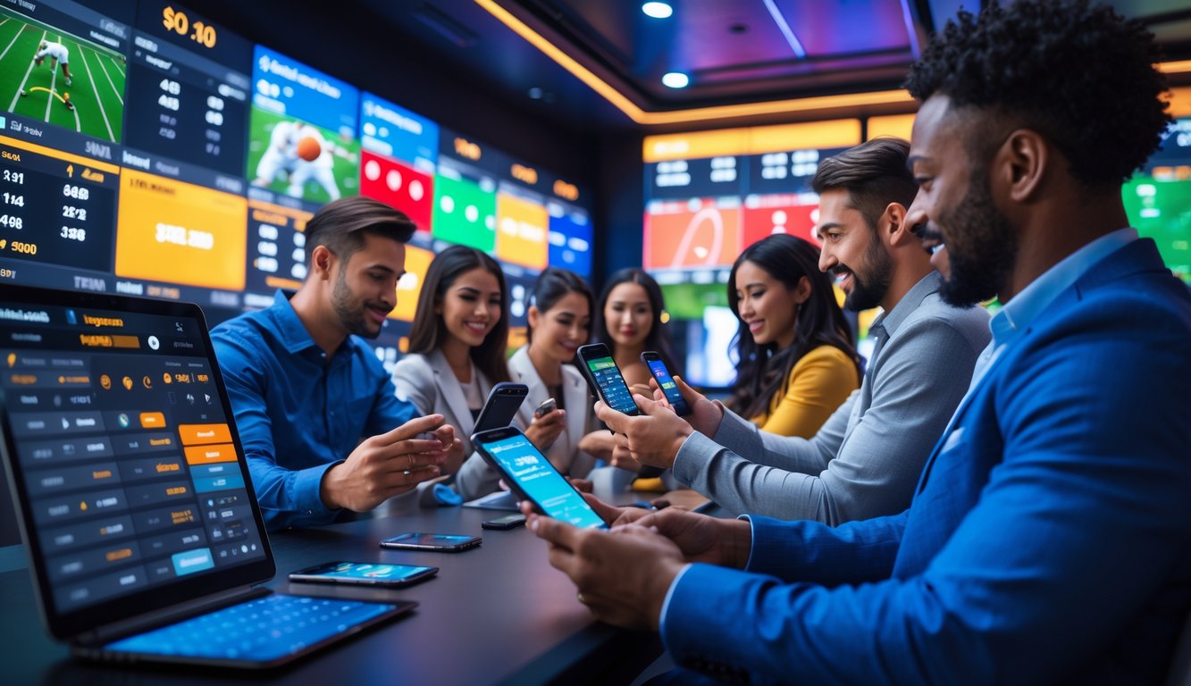 Orang-orang menggunakan perangkat mobile dan layar digital besar untuk taruhan olahraga langsung dalam suasana modern dan futuristik.