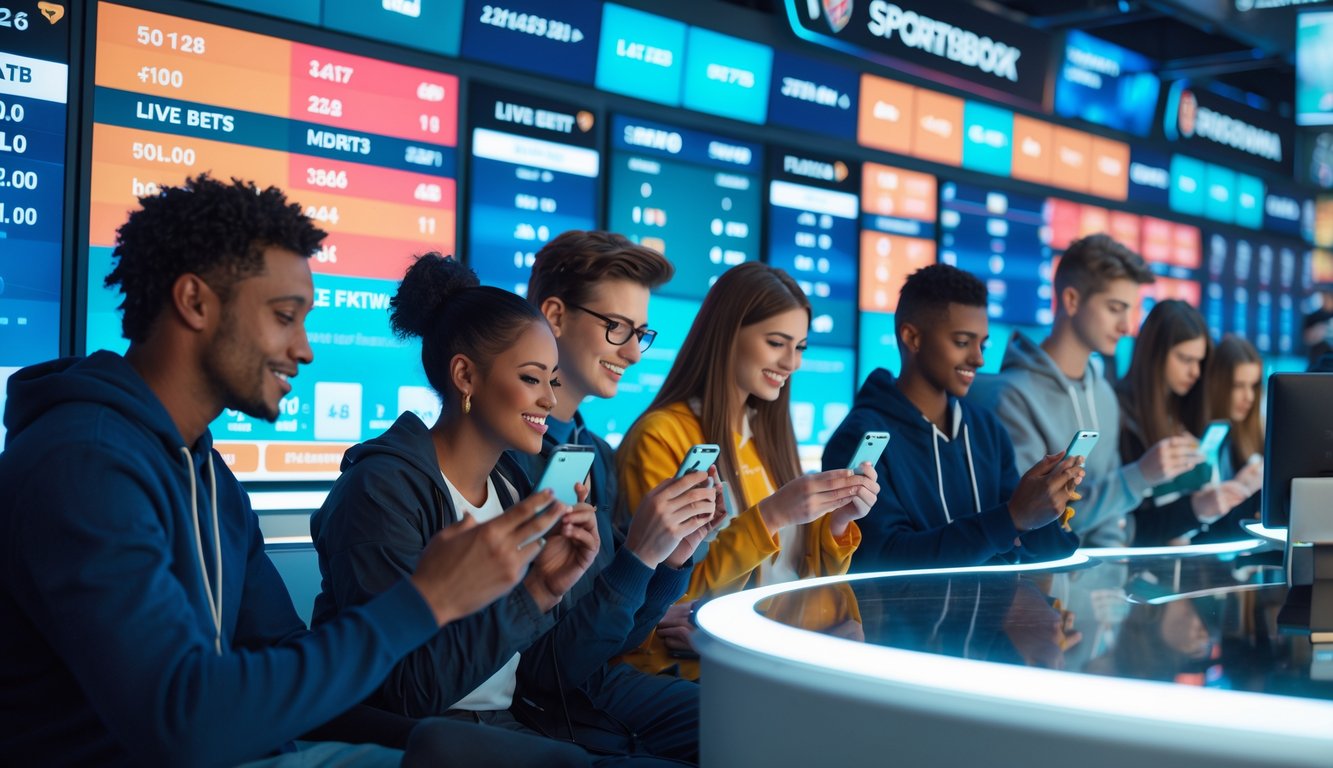 Beberapa orang muda menggunakan perangkat mobile untuk memasang taruhan olahraga secara langsung di sebuah ruang dengan layar digital besar yang menampilkan statistik dan peluang taruhan.