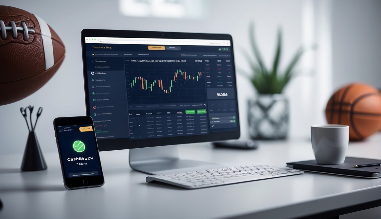 Seorang pengguna sedang menggunakan komputer dan ponsel di meja kerja yang rapi, dengan latar belakang simbol olahraga seperti bola sepak, bola basket, dan bola tenis.