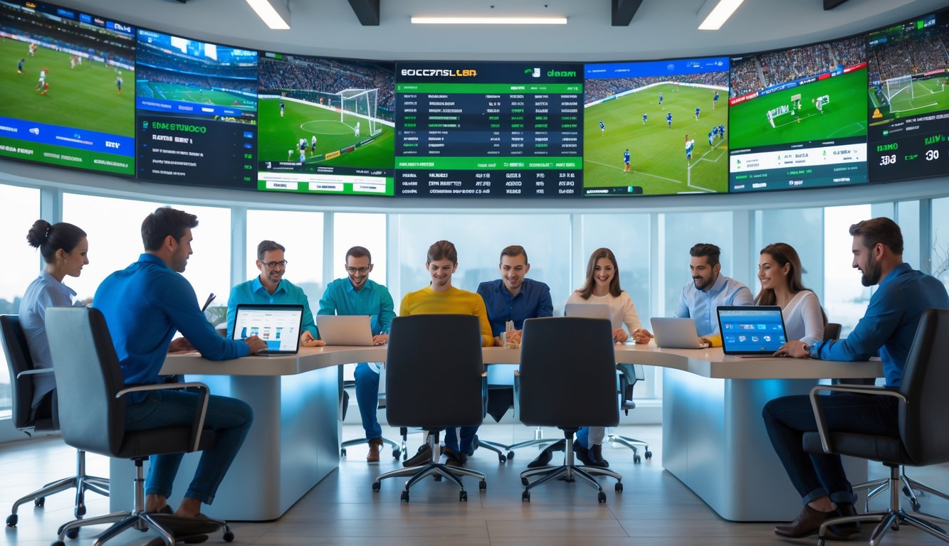 Orang-orang sedang menggunakan perangkat elektronik untuk bertaruh pada berbagai jenis olahraga dengan layar besar menampilkan pertandingan olahraga di latar belakang.