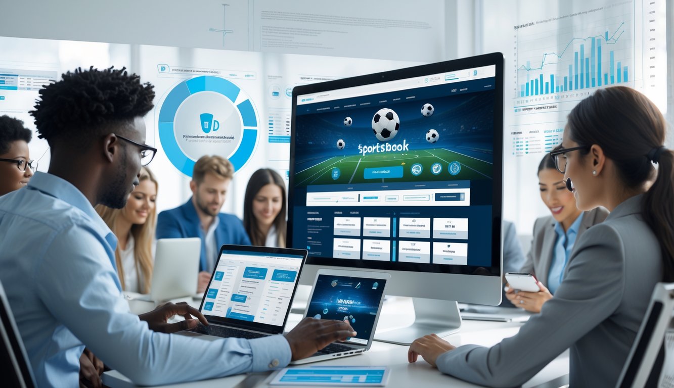 Orang-orang sedang menggunakan komputer dan ponsel untuk bertaruh pada berbagai jenis olahraga di sebuah ruang kerja modern.