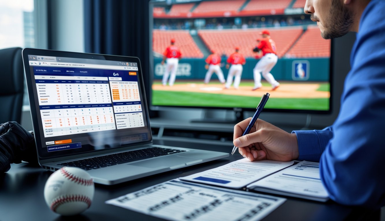 Seorang pria sedang menganalisis data taruhan baseball di depan laptop dengan pertandingan baseball sedang berlangsung di layar televisi di latar belakang.