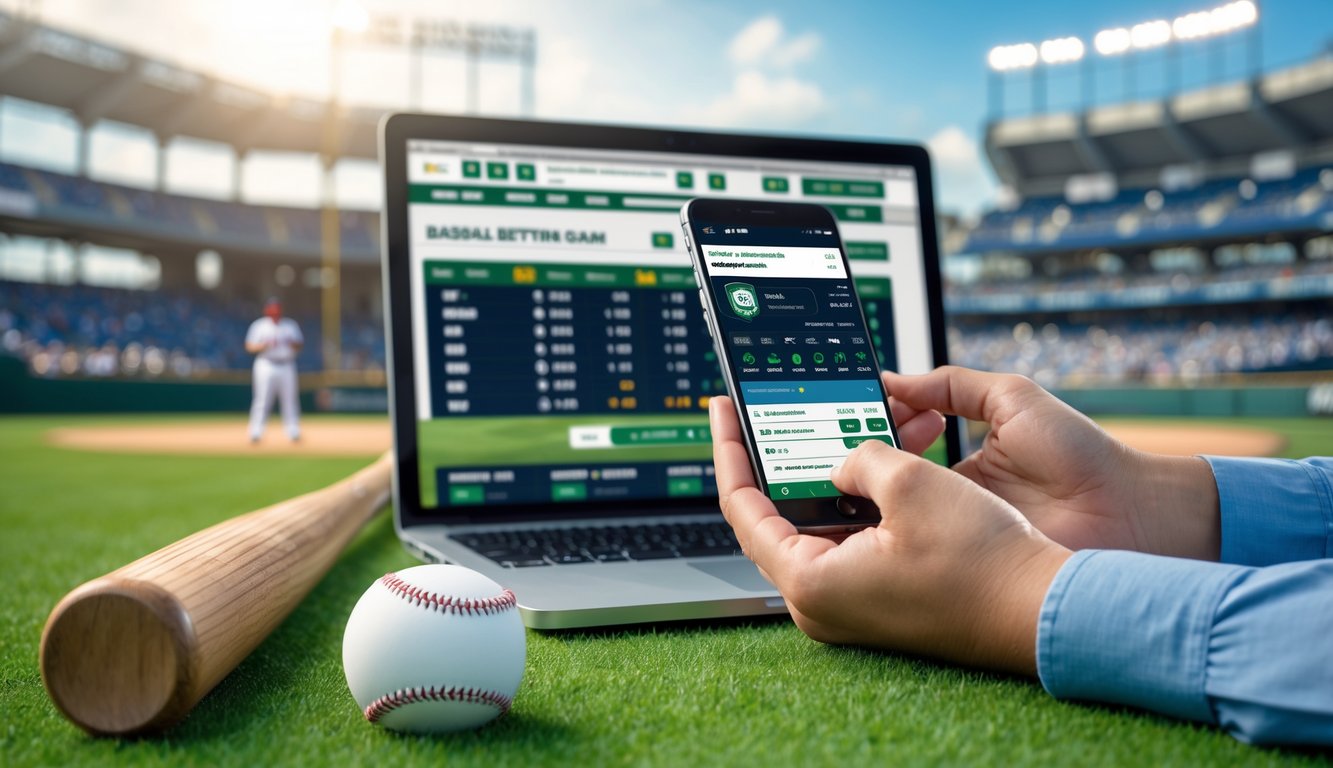 Tangan memegang ponsel dengan aplikasi taruhan baseball, laptop menampilkan statistik taruhan, tongkat baseball dan bola di lapangan hijau, latar belakang stadion baseball dengan penonton.