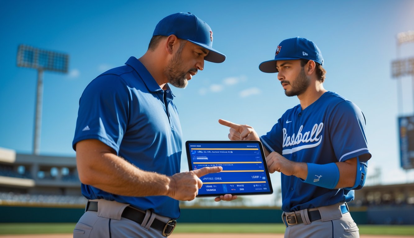 Seorang pelatih dan pemain baseball berdiskusi di lapangan dengan stadion baseball di latar belakang.