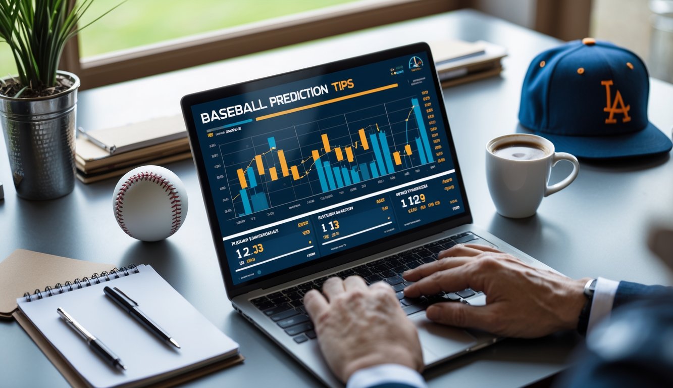 Meja kerja dengan laptop yang menampilkan grafik dan statistik baseball, dikelilingi oleh bola baseball, sarung tangan, dan topi, dengan suasana yang fokus dan profesional.