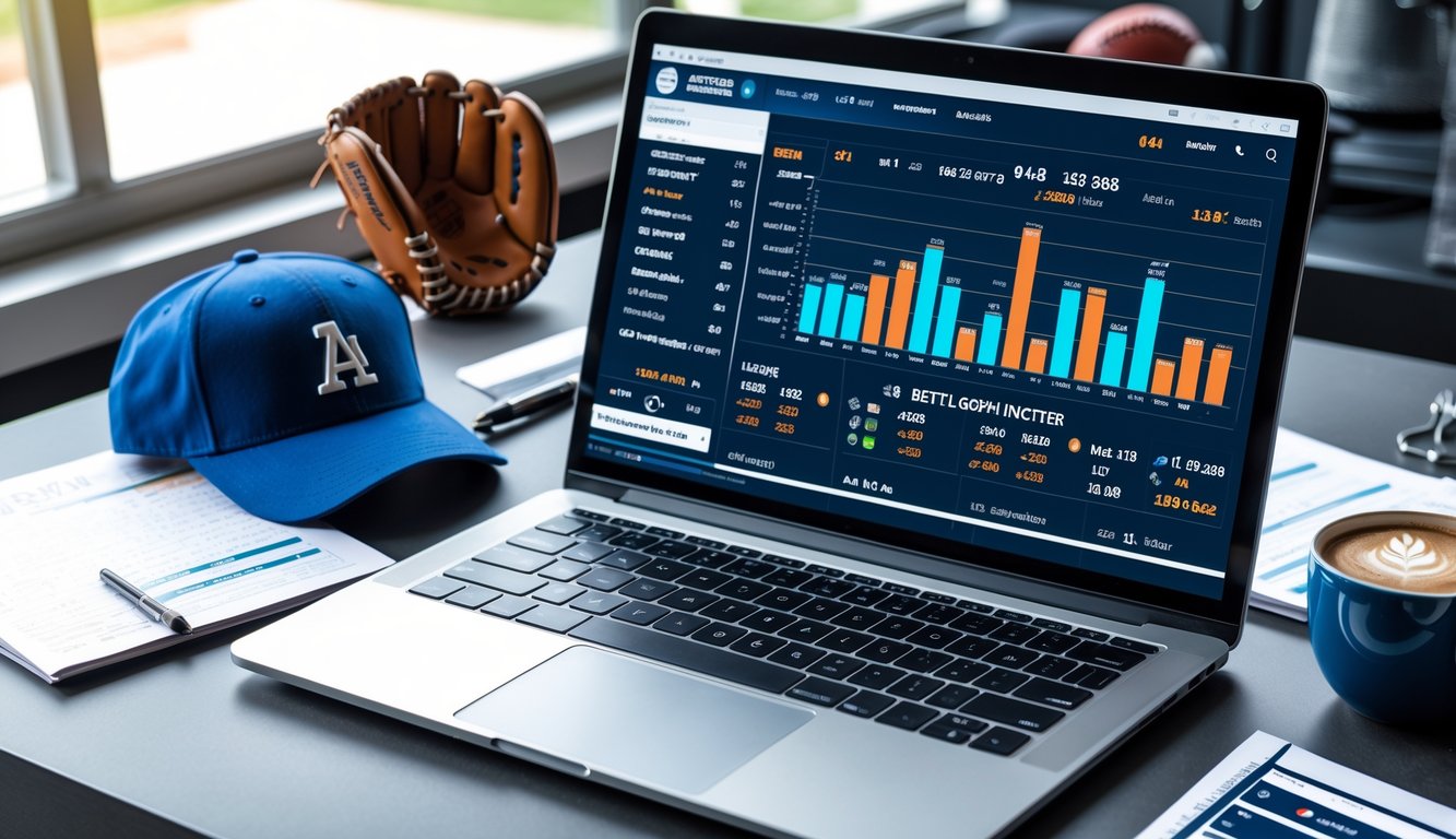 Sebuah meja kerja dengan laptop yang menampilkan statistik dan peluang taruhan baseball MLB, dikelilingi oleh catatan, ponsel dengan pembaruan pertandingan, dan perlengkapan baseball.