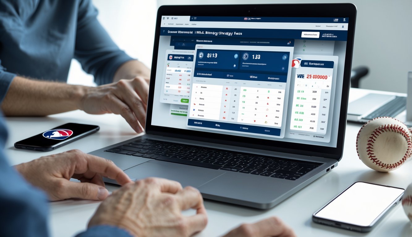 Seseorang sedang menganalisis statistik baseball dan peluang taruhan di laptop dengan bola baseball dan sarung tangan di meja.
