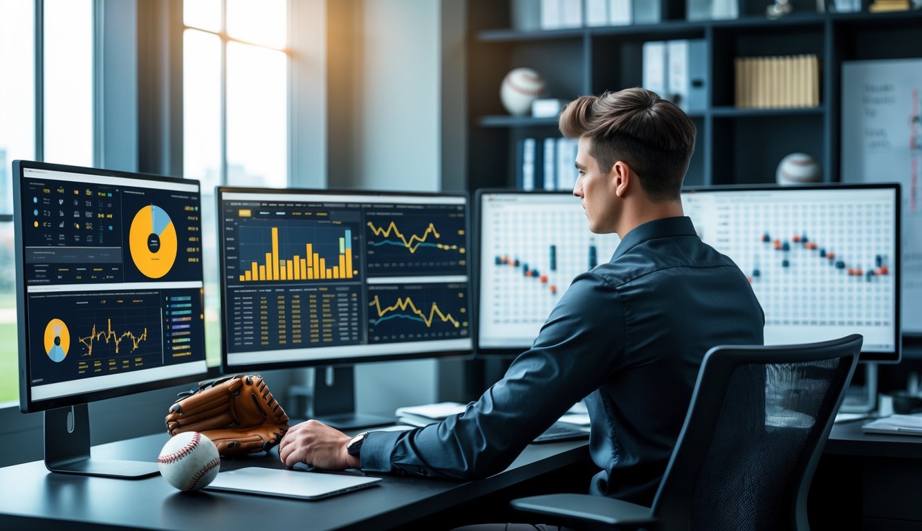 Seorang pria muda sedang menganalisis statistik baseball di depan beberapa layar komputer dalam sebuah kantor modern.