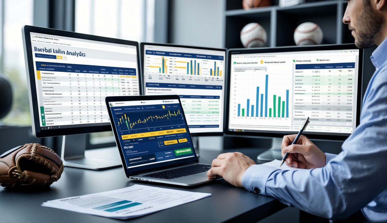 Seorang pria di ruang kerja modern sedang menganalisis data statistik baseball dengan beberapa layar komputer yang menampilkan grafik dan angka.