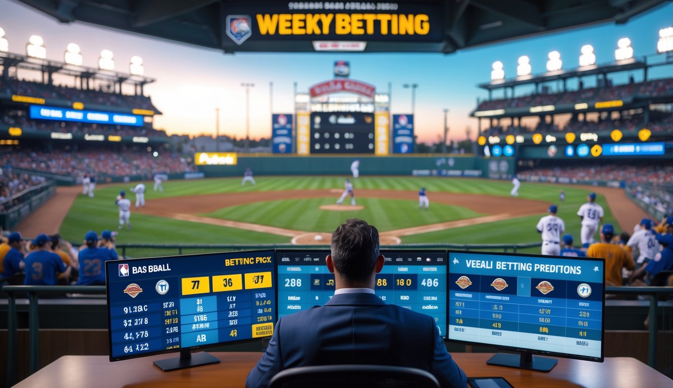 Seorang analis olahraga di meja dengan layar yang menampilkan statistik baseball dan peluang taruhan, latar belakang stadion baseball dengan pemain dan penonton.