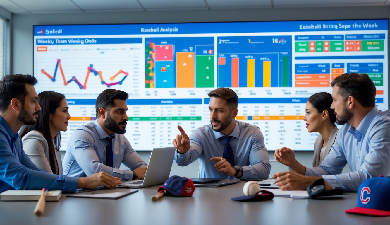Sekelompok analis olahraga sedang berdiskusi di kantor dengan layar besar yang menampilkan grafik dan statistik baseball.