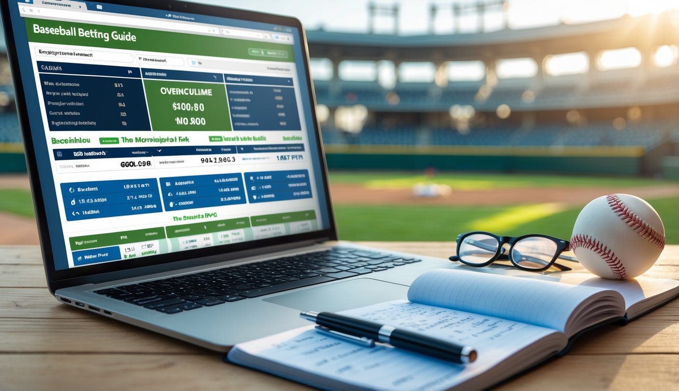 Seorang pemula sedang belajar taruhan baseball dengan laptop yang menampilkan statistik taruhan dan bola baseball di atas meja kayu.