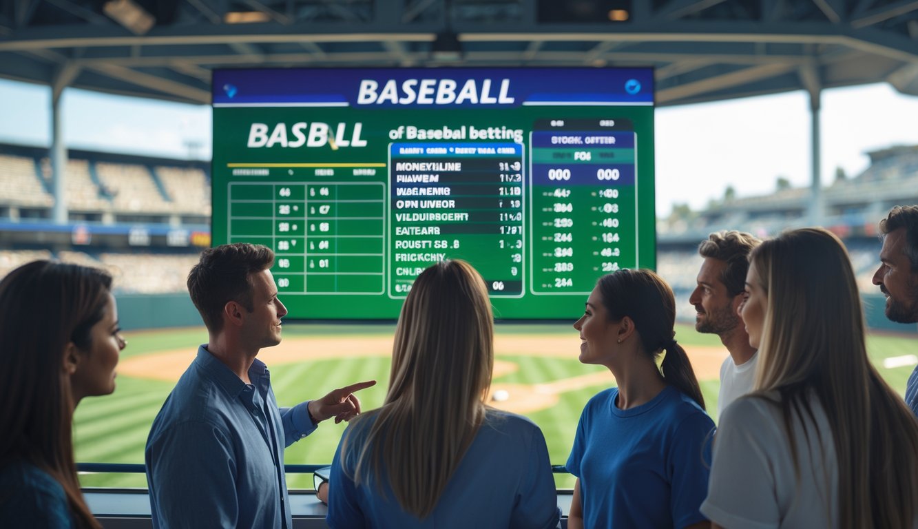 Sekelompok orang muda sedang melihat layar digital yang menampilkan statistik taruhan baseball dengan latar belakang stadion baseball.