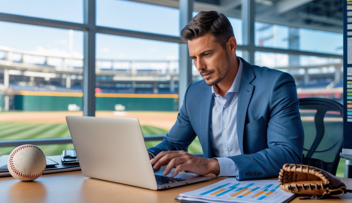 Seorang pria sedang menganalisis statistik baseball di depan laptop dengan bola baseball dan sarung tangan di meja, latar belakang stadion baseball terlihat melalui jendela.