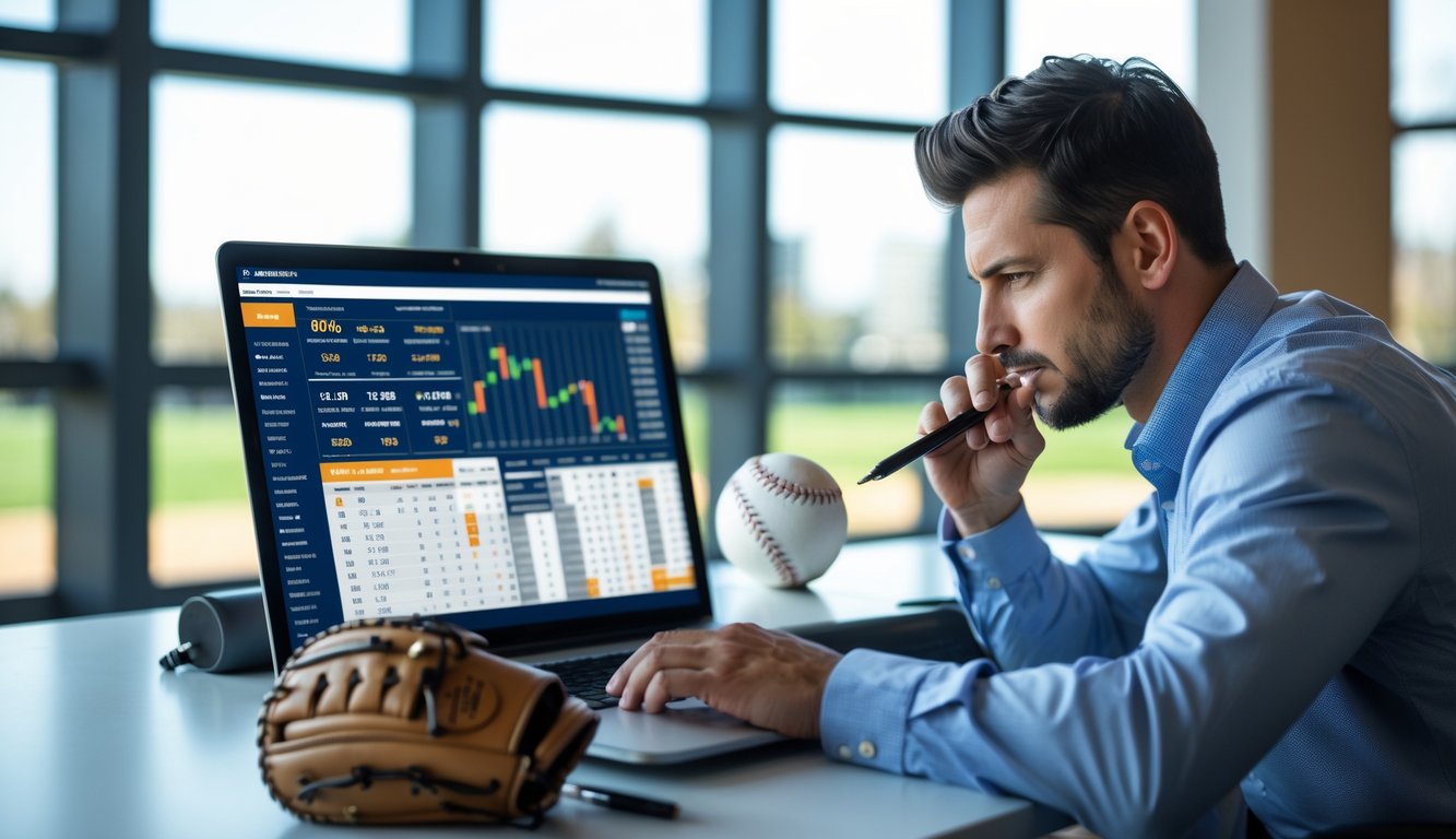 Seorang pria fokus menganalisis data taruhan baseball di laptop di sebuah kantor modern dengan beberapa layar yang menampilkan statistik dan grafik baseball.
