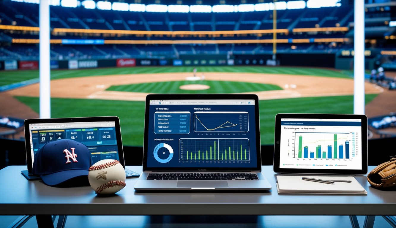 Meja kerja dengan perangkat digital menampilkan statistik baseball dan perlengkapan baseball di sekitarnya, latar belakang menampilkan pertandingan baseball di stadion.