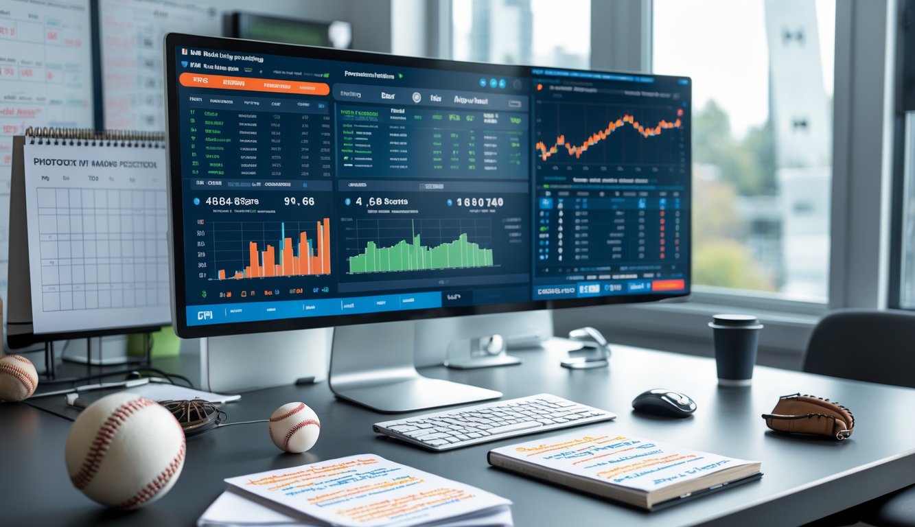 Meja kerja dengan komputer yang menampilkan statistik baseball MLB, bola baseball, sarung tangan, dan catatan prediksi taruhan.