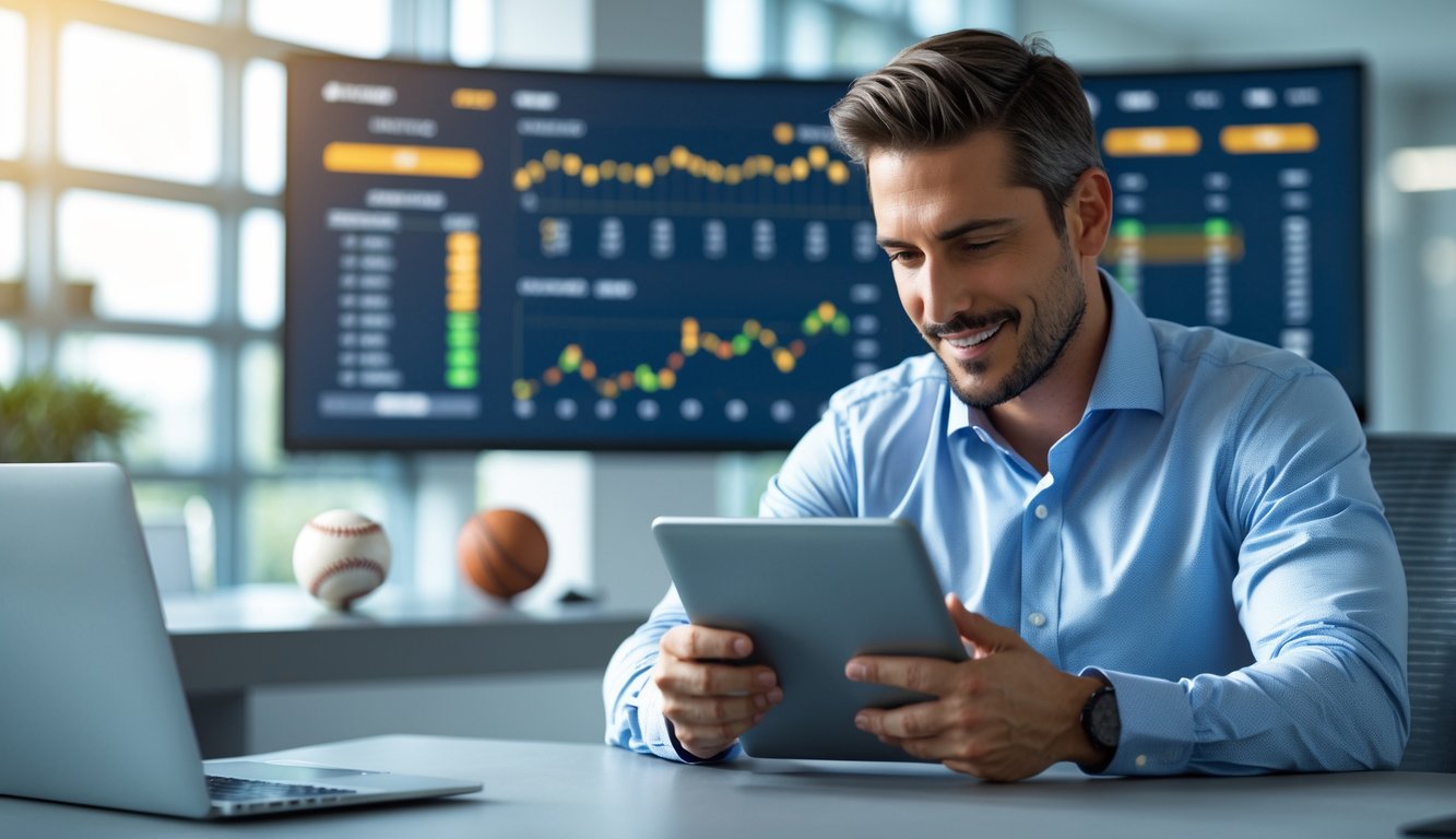 Seorang pria bisnis sedang menganalisis statistik baseball di tablet di ruang kantor modern dengan layar besar menampilkan data pertandingan baseball.