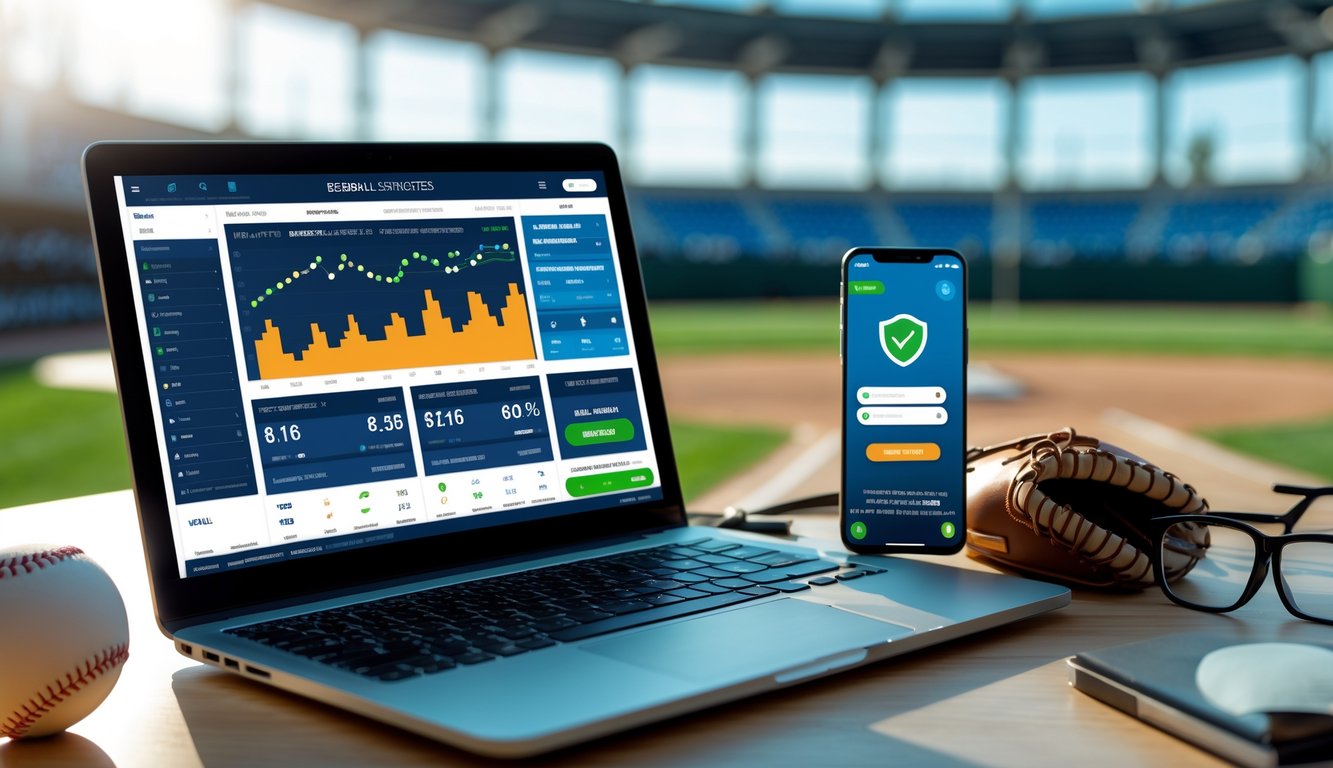 Meja kerja dengan laptop yang menampilkan statistik pertandingan baseball, ponsel dengan aplikasi taruhan aman, bola baseball, sarung tangan, dan latar belakang stadion baseball.