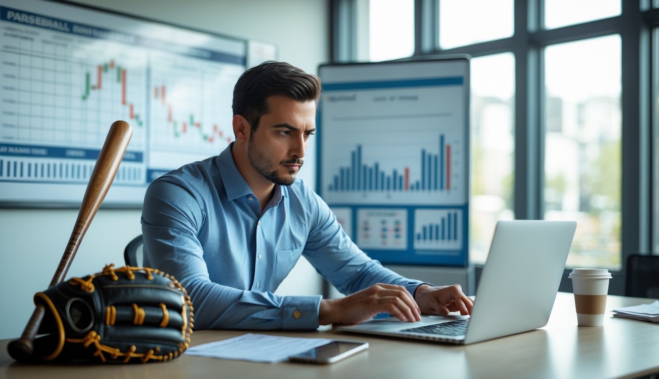 Seorang pria sedang menganalisis statistik baseball di laptop dengan alat baseball di meja dan papan grafik di latar belakang.
