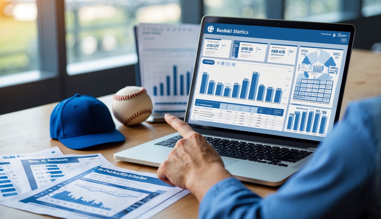 Sebuah meja kerja dengan laptop yang menampilkan statistik baseball dan tangan seseorang menunjuk layar, dikelilingi alat-alat baseball seperti sarung tangan dan bola.