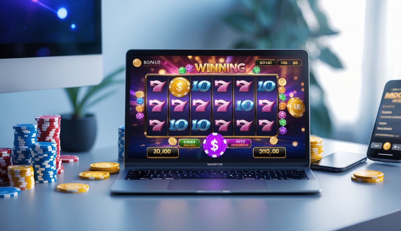 Sebuah meja kerja modern dengan laptop yang menampilkan permainan slot online berwarna-warni dan tumpukan chip poker di sekitarnya.