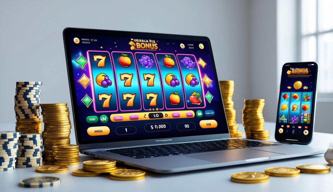 Seseorang sedang bermain permainan slot online Pragmatic di laptop dengan tumpukan chip poker dan koin di meja.