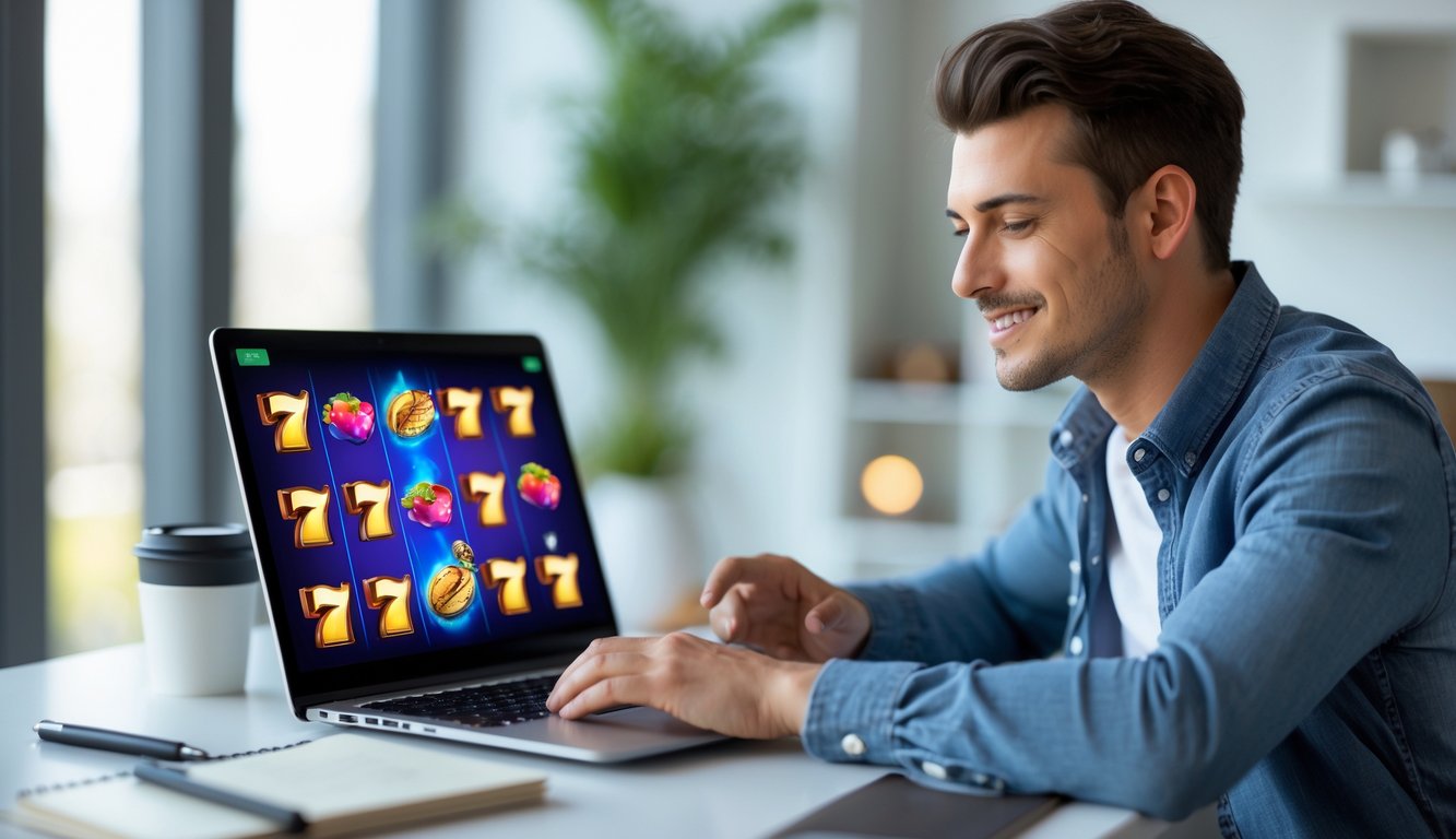 Seorang pria muda duduk di meja dengan laptop, fokus bermain permainan slot online dengan latar belakang ruangan yang rapi.