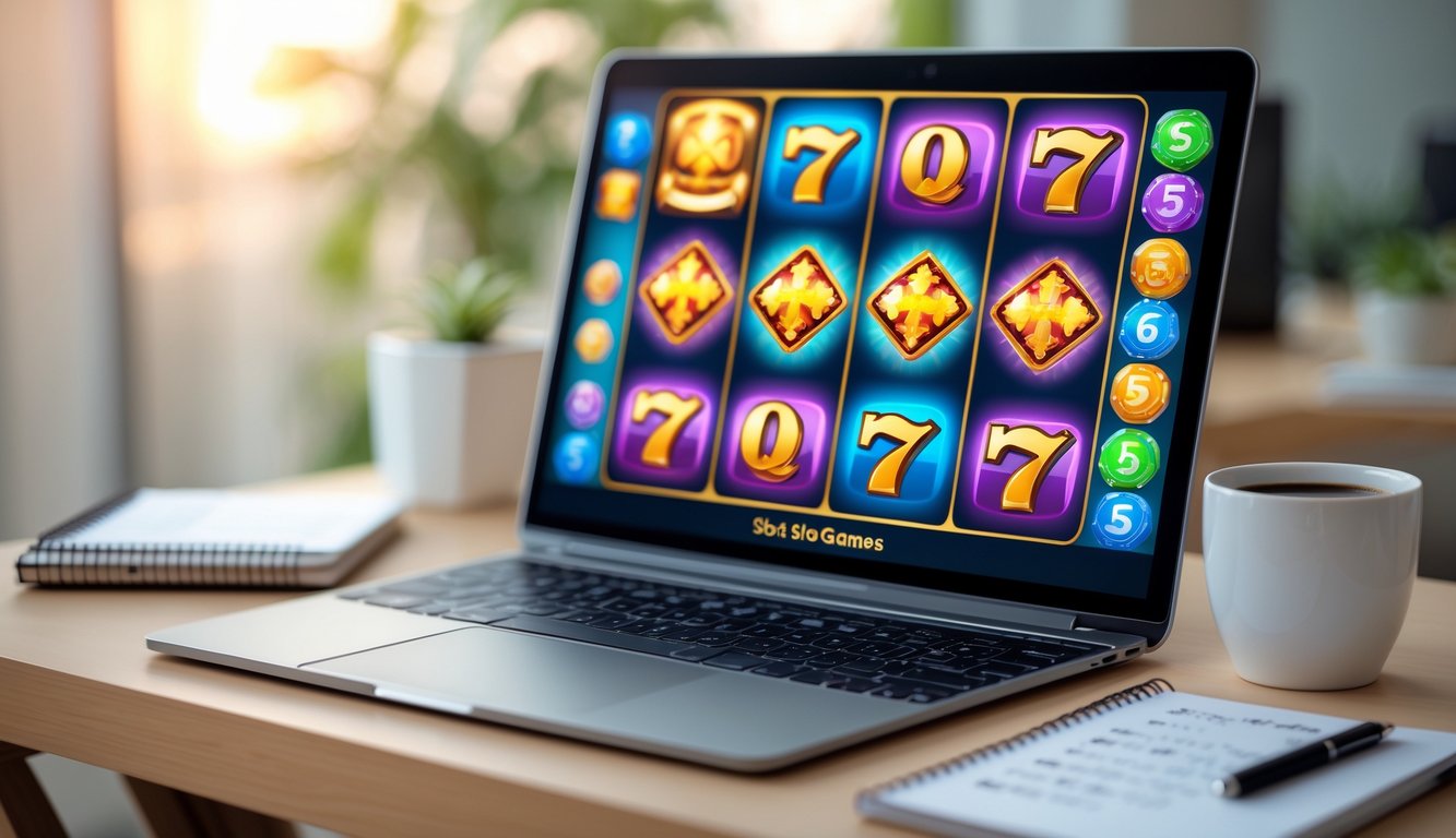 Seorang pemula sedang belajar bermain judi slot online Pragmatic dengan laptop di atas meja kerja yang rapi, dilengkapi catatan dan secangkir kopi.