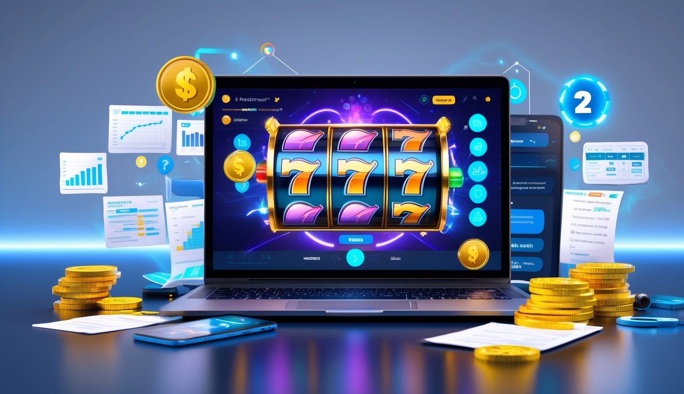 Seorang pemain fokus menggunakan komputer dengan tampilan permainan slot online yang berwarna-warni dan elemen strategi di sekitarnya.