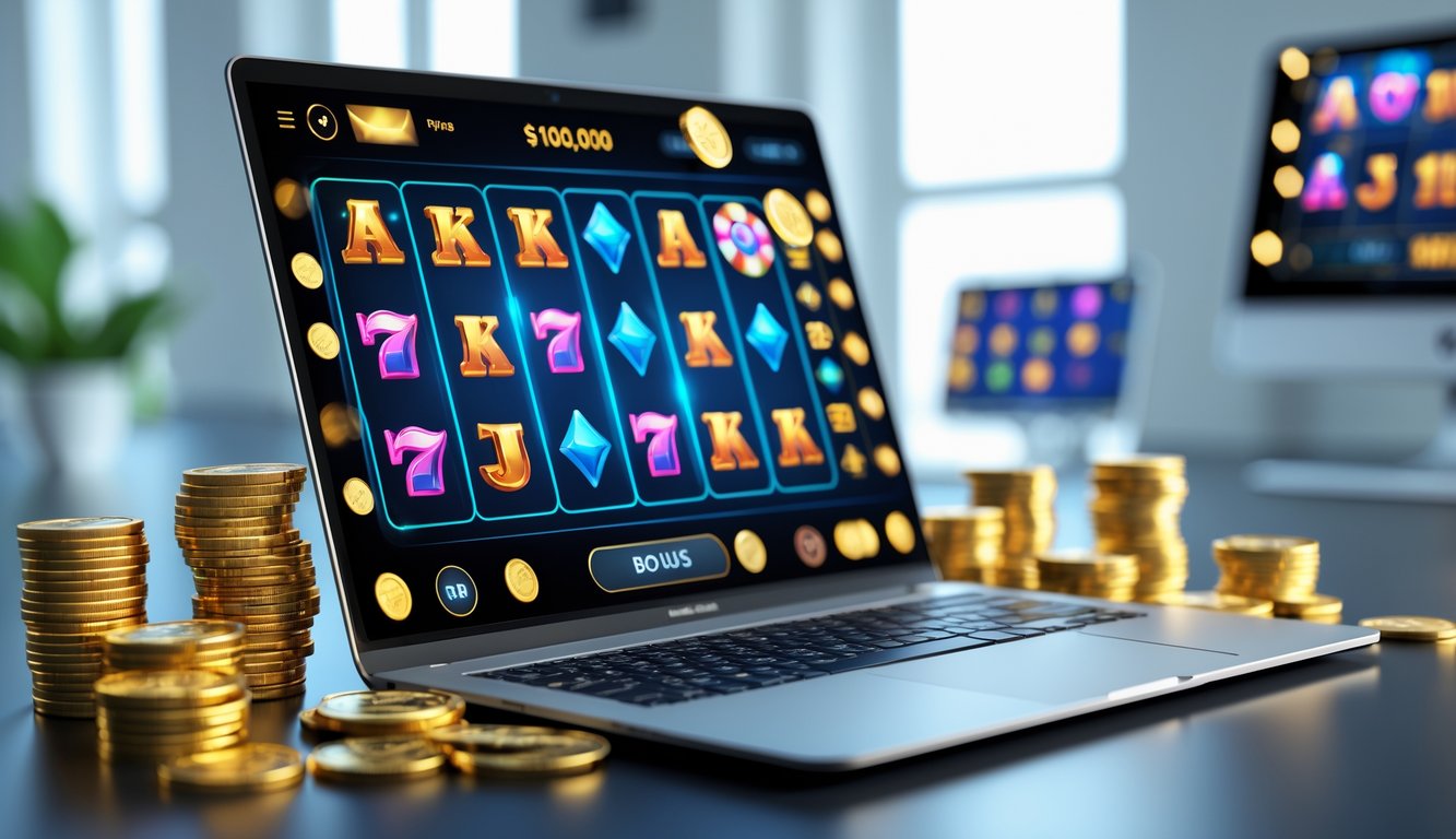 Seorang pengguna bermain game slot online di komputer dengan koin emas dan hadiah di sekitar layar.