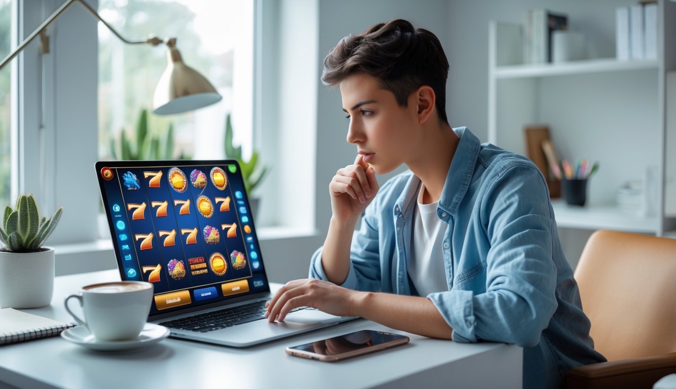 Seseorang duduk di meja dengan laptop yang menampilkan permainan slot online, terlihat fokus dan serius belajar strategi menang.