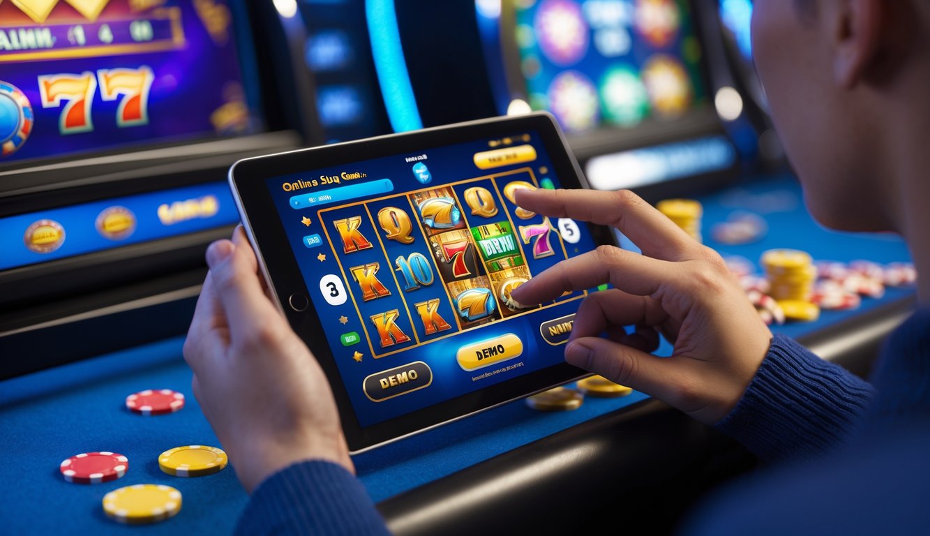 Tangan seseorang menggunakan perangkat layar sentuh yang menampilkan permainan slot online dengan fitur demo.