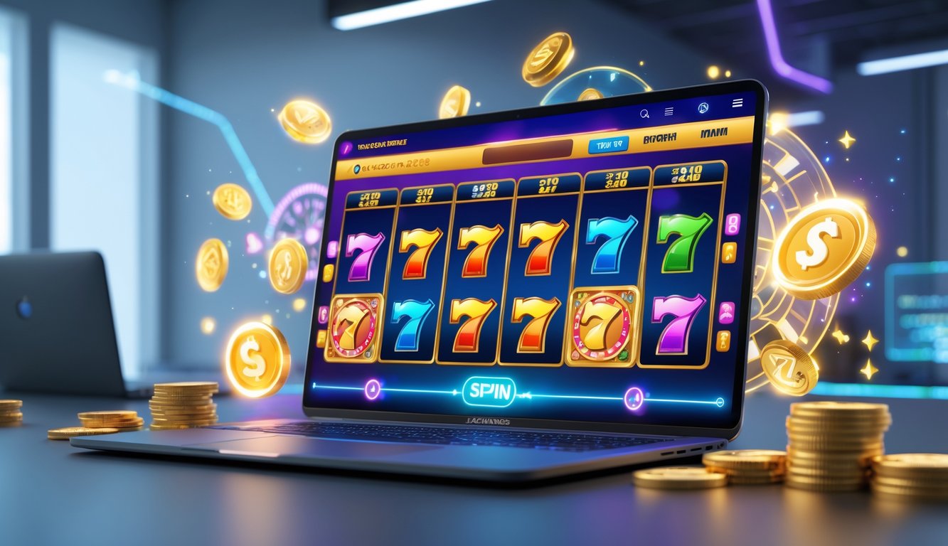Seseorang bermain game slot online di laptop dengan simbol warna-warni dan elemen digital yang menunjukkan bonus dan jackpot.