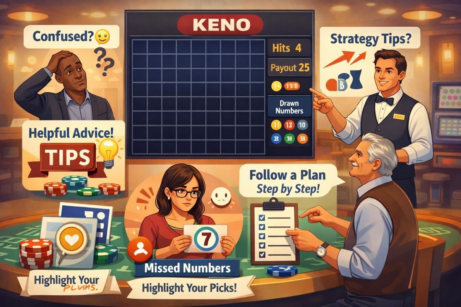 A Casino Scene Showing People Playing A Keno Game, With Some Looking Confused And Others Receiving Help Near A Keno Board Displaying Numbered Balls.