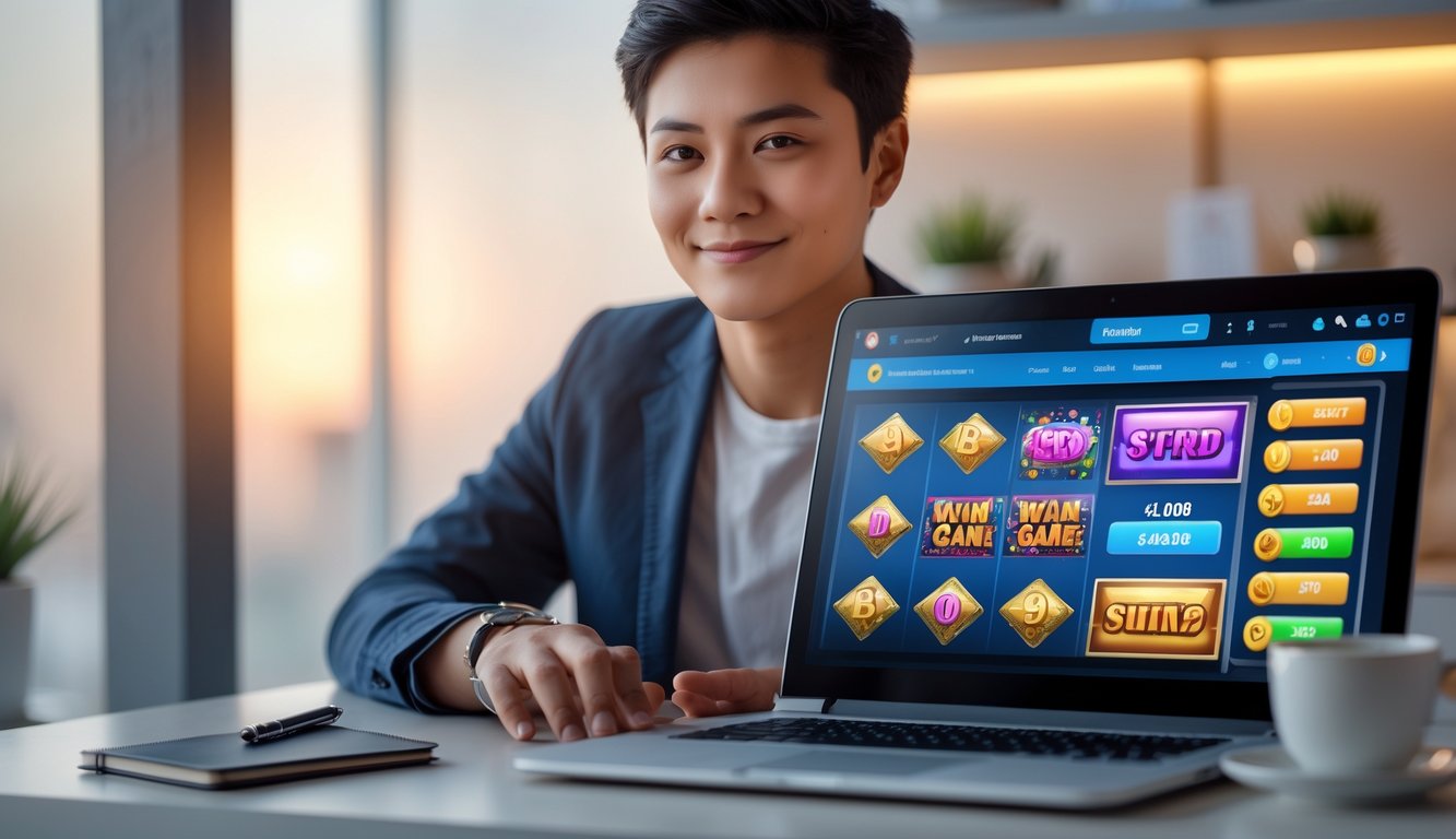 Seorang dewasa muda duduk di meja dengan laptop yang menampilkan permainan slot online, tampak fokus dan percaya diri.