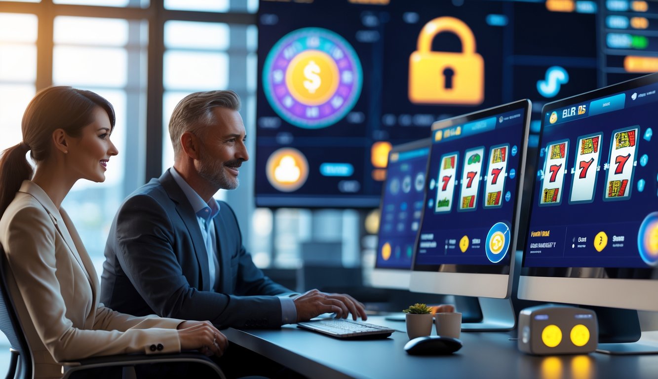 Seorang pria dan wanita duduk di depan komputer dengan tampilan permainan slot online dan simbol keamanan di latar belakang.